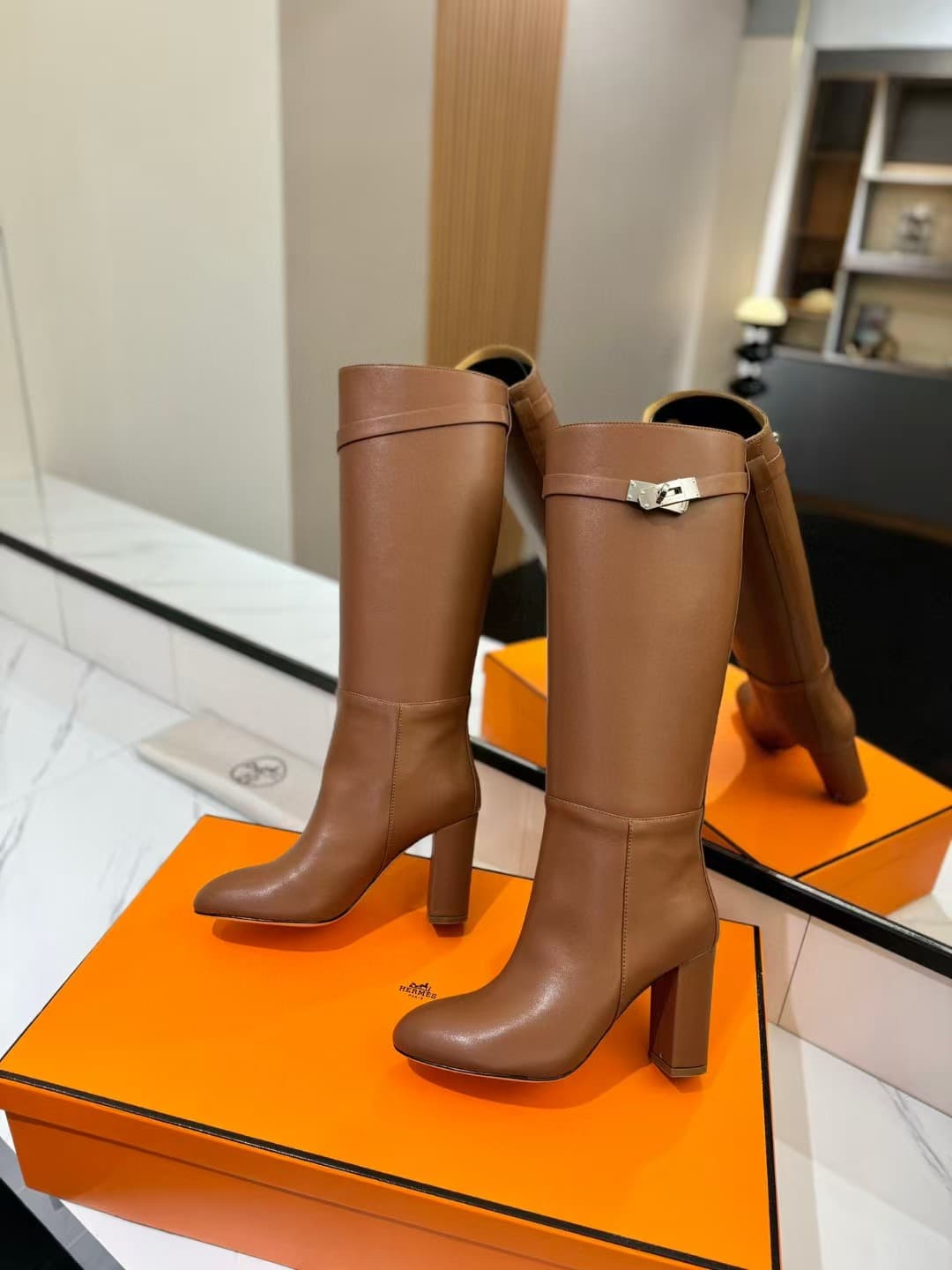 Hermes Story Boots In Brown Calfskin Leather