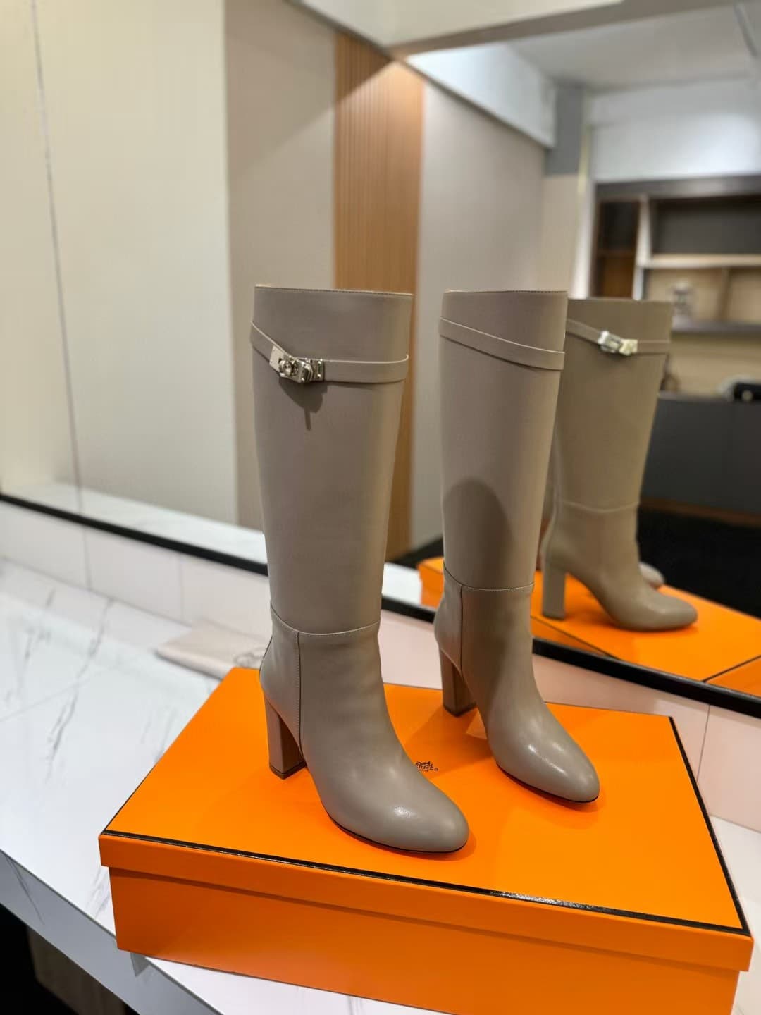 Hermes Story Boots In Grey Calfskin Leather