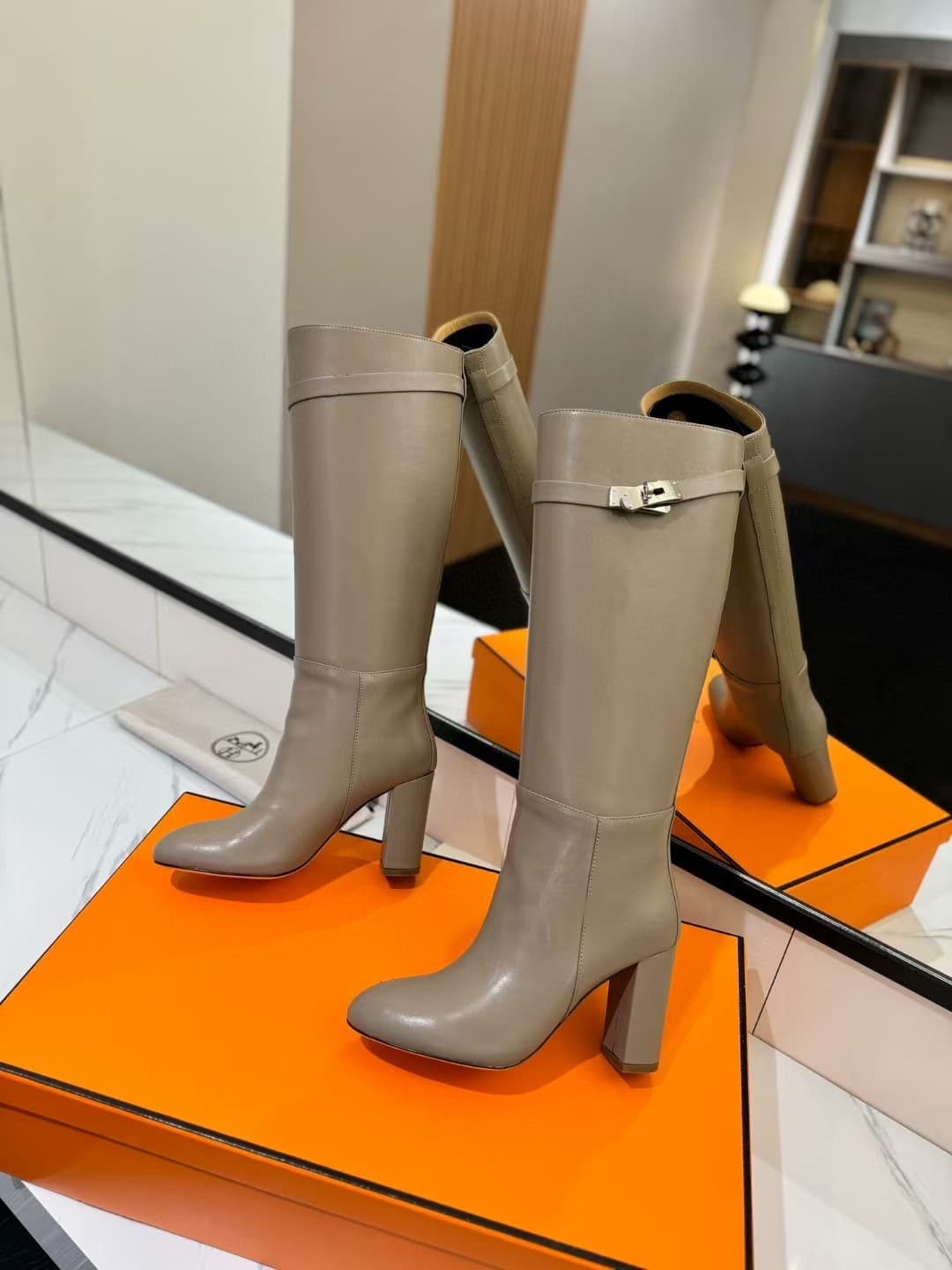 Hermes Story Boots In Grey Calfskin Leather