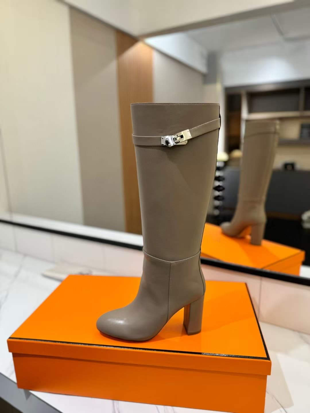 Hermes Story Boots In Grey Calfskin Leather