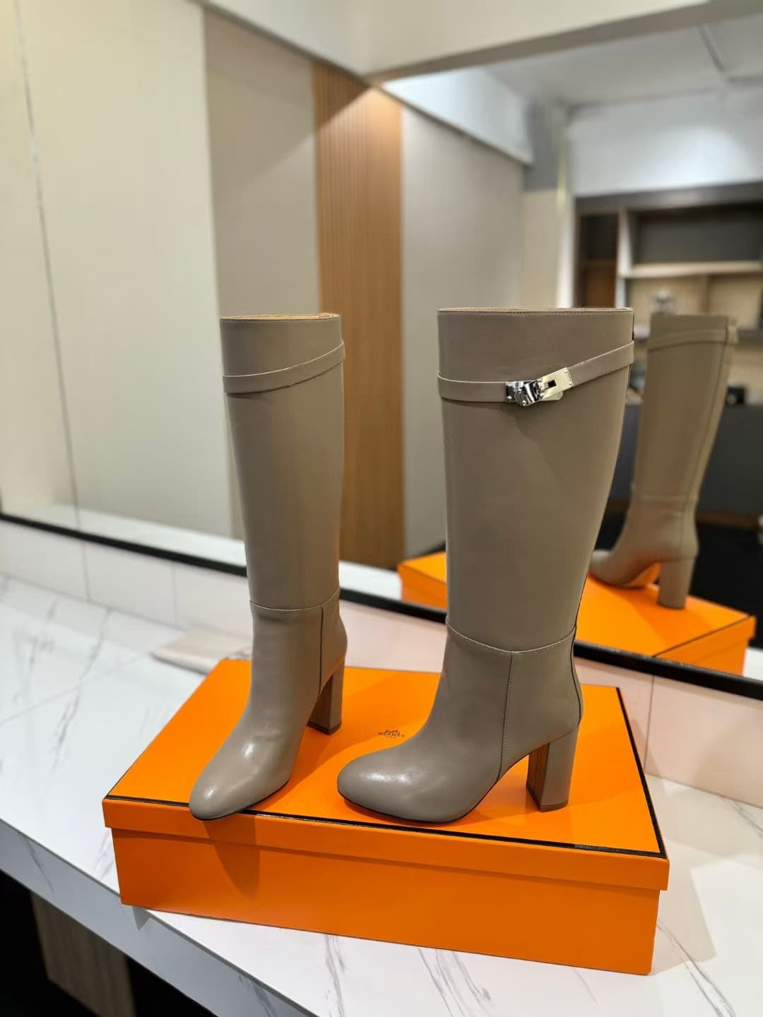 Hermes Story Boots In Grey Calfskin Leather