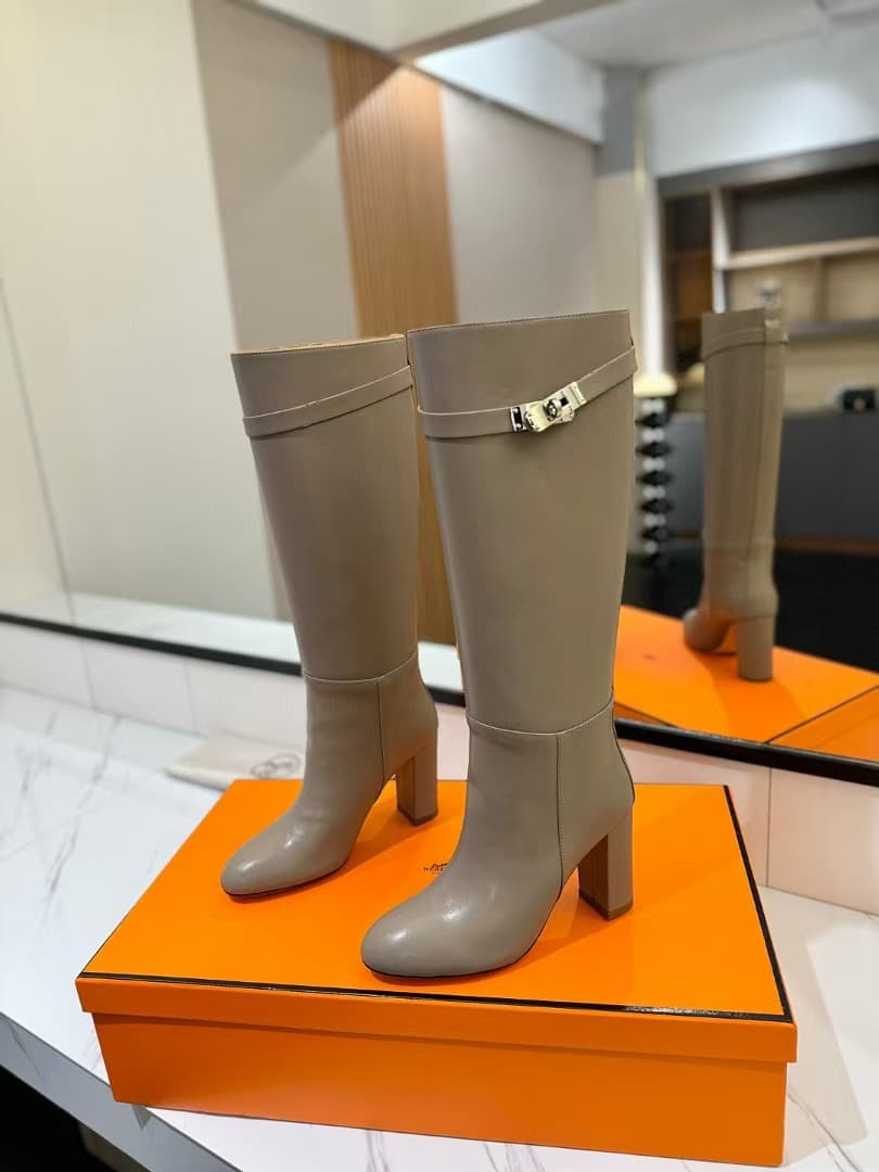 Hermes Story Boots In Grey Calfskin Leather