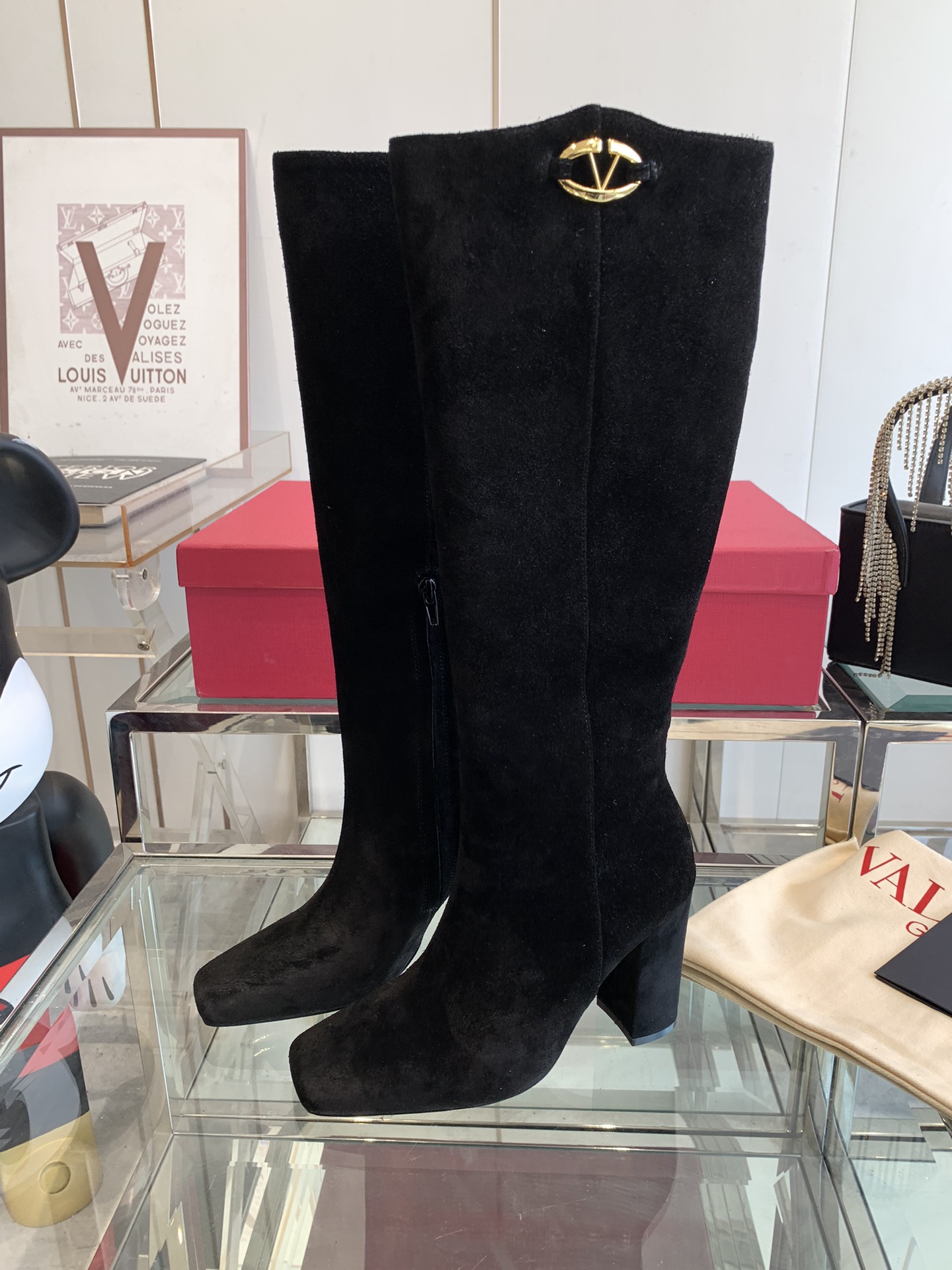 VALENTINO GARAVANI VLOGO 100 Suede Knee Boots in Black