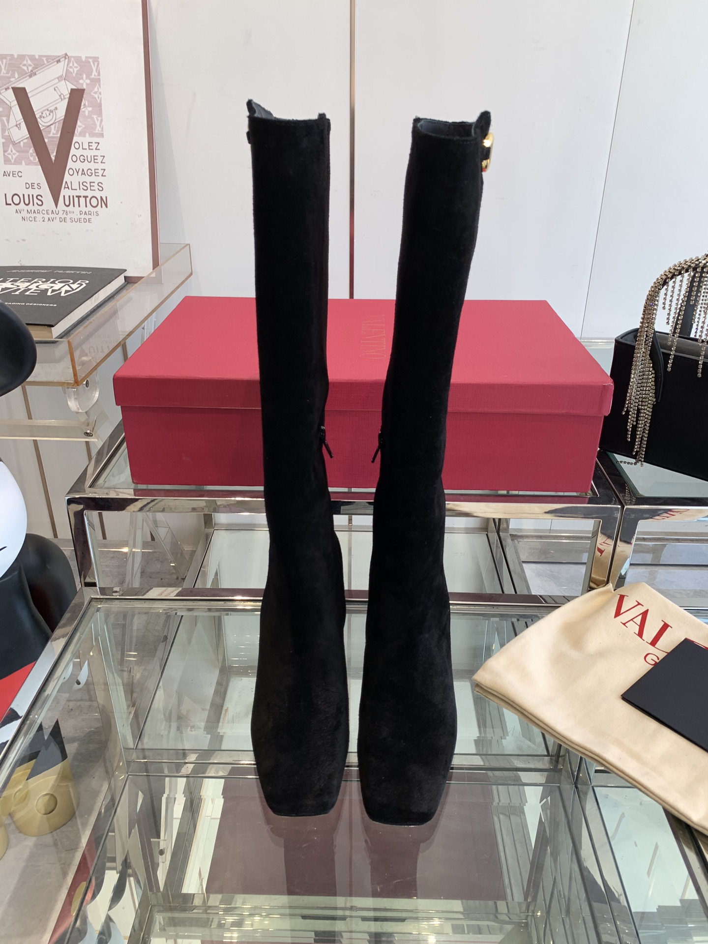 VALENTINO GARAVANI VLOGO 100 Suede Knee Boots in Black