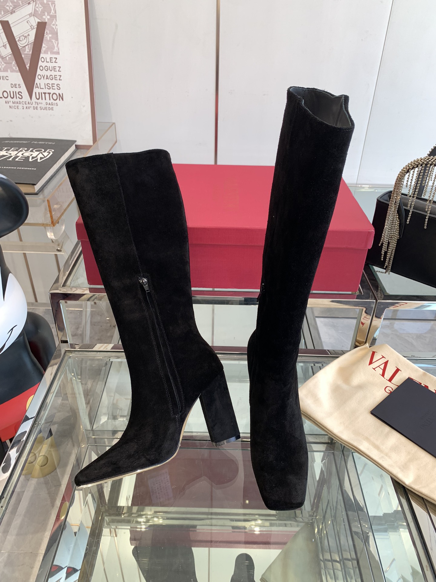 VALENTINO GARAVANI VLOGO 100 Suede Knee Boots in Black