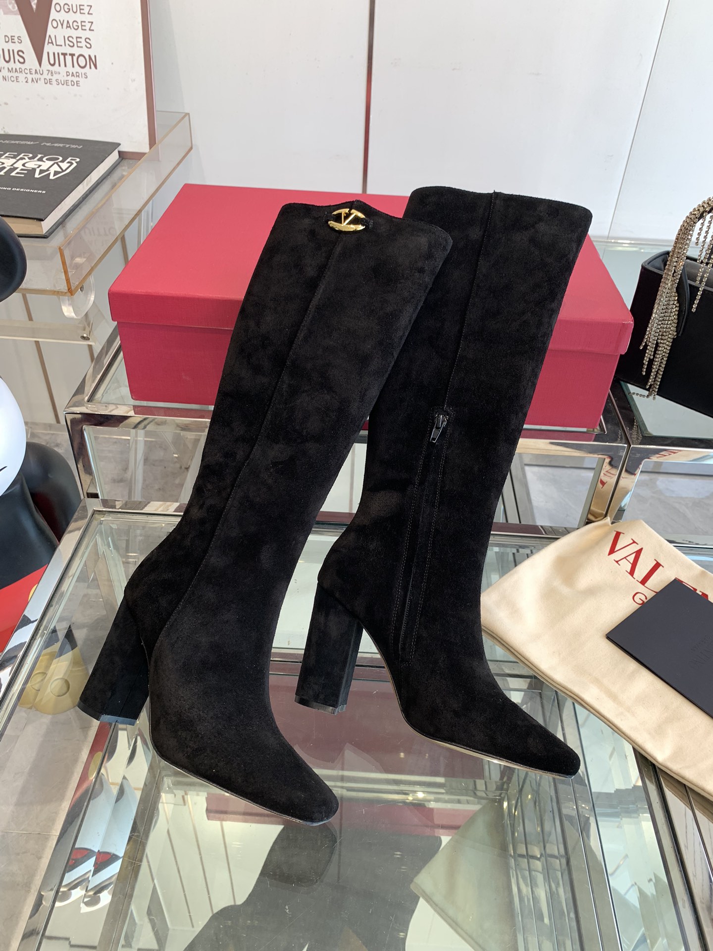 VALENTINO GARAVANI VLOGO 100 Suede Knee Boots in Black