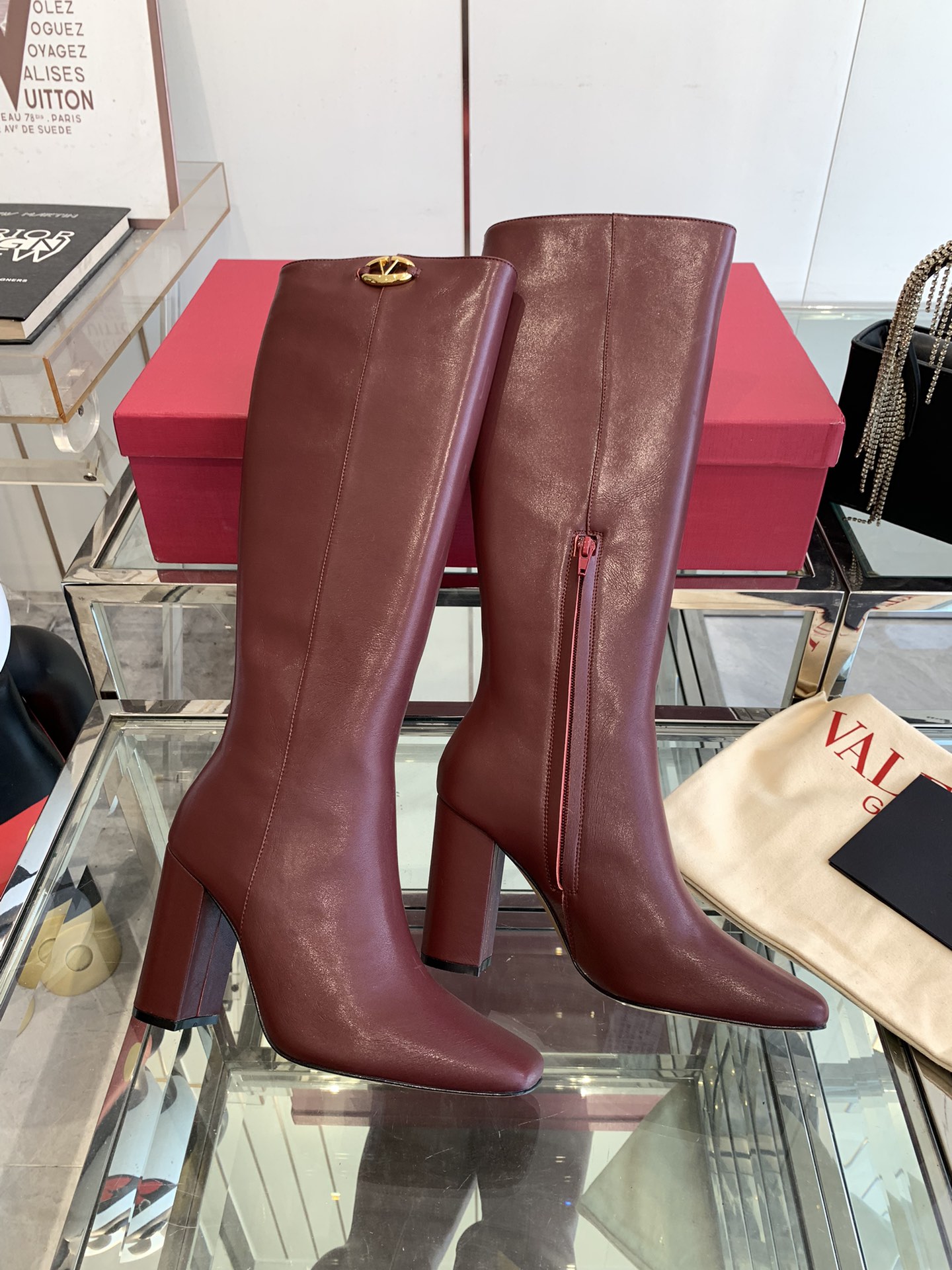 VALENTINO GARAVANI VLOGO Knee Boots in Red Leather