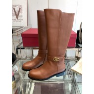 Valentino Garavani Women's VLogo Flat Knee-High Boots Leather Brown