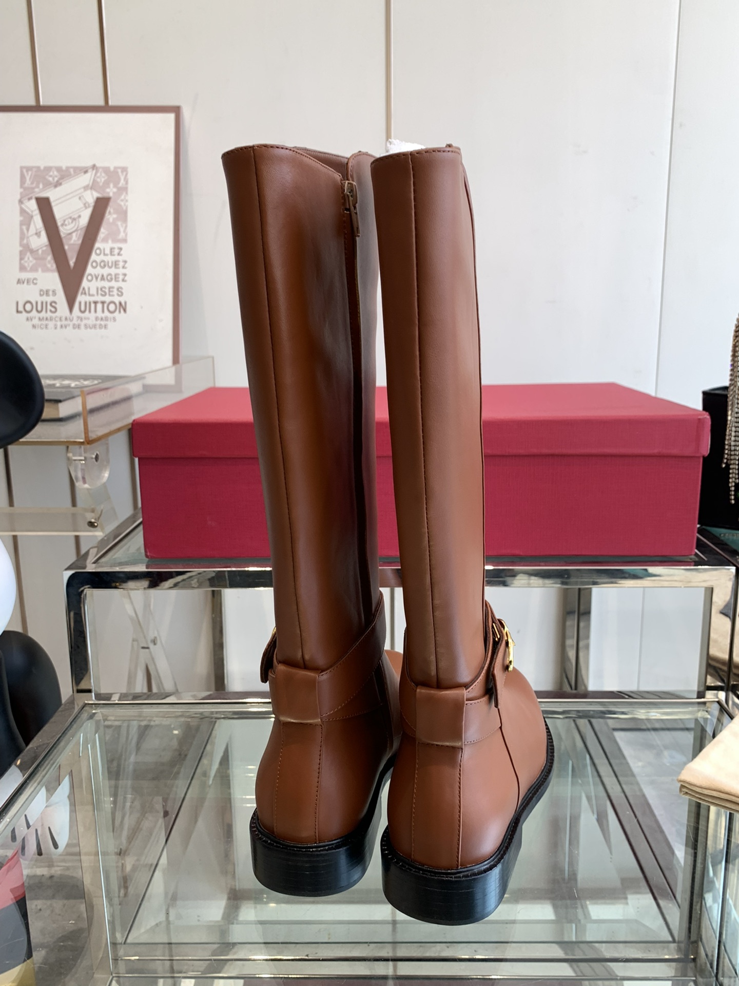 Valentino Garavani Women's VLogo Flat Knee-High Boots Leather Brown