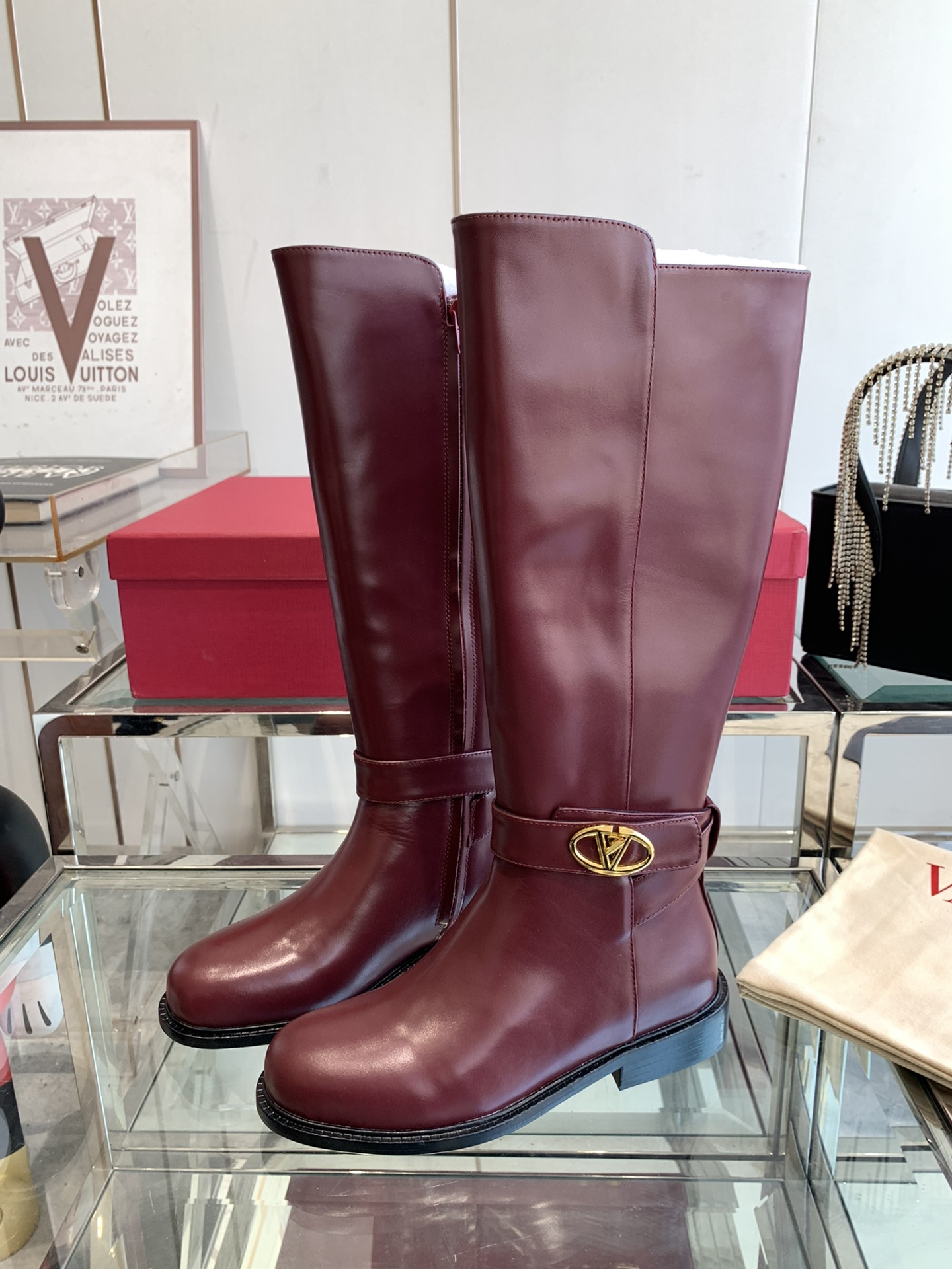 Valentino Garavani Women's VLogo Flat Knee-High Boots Leather Dark Red