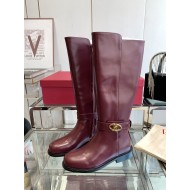 Valentino Garavani Women's VLogo Flat Knee-High Boots Leather Dark Red