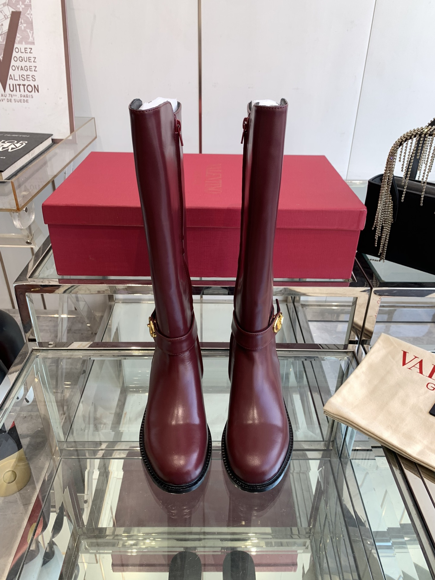 Valentino Garavani Women's VLogo Flat Knee-High Boots Leather Dark Red