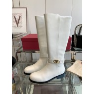 Valentino Garavani Women's Vlogo Flat Knee-High Boots Leather White