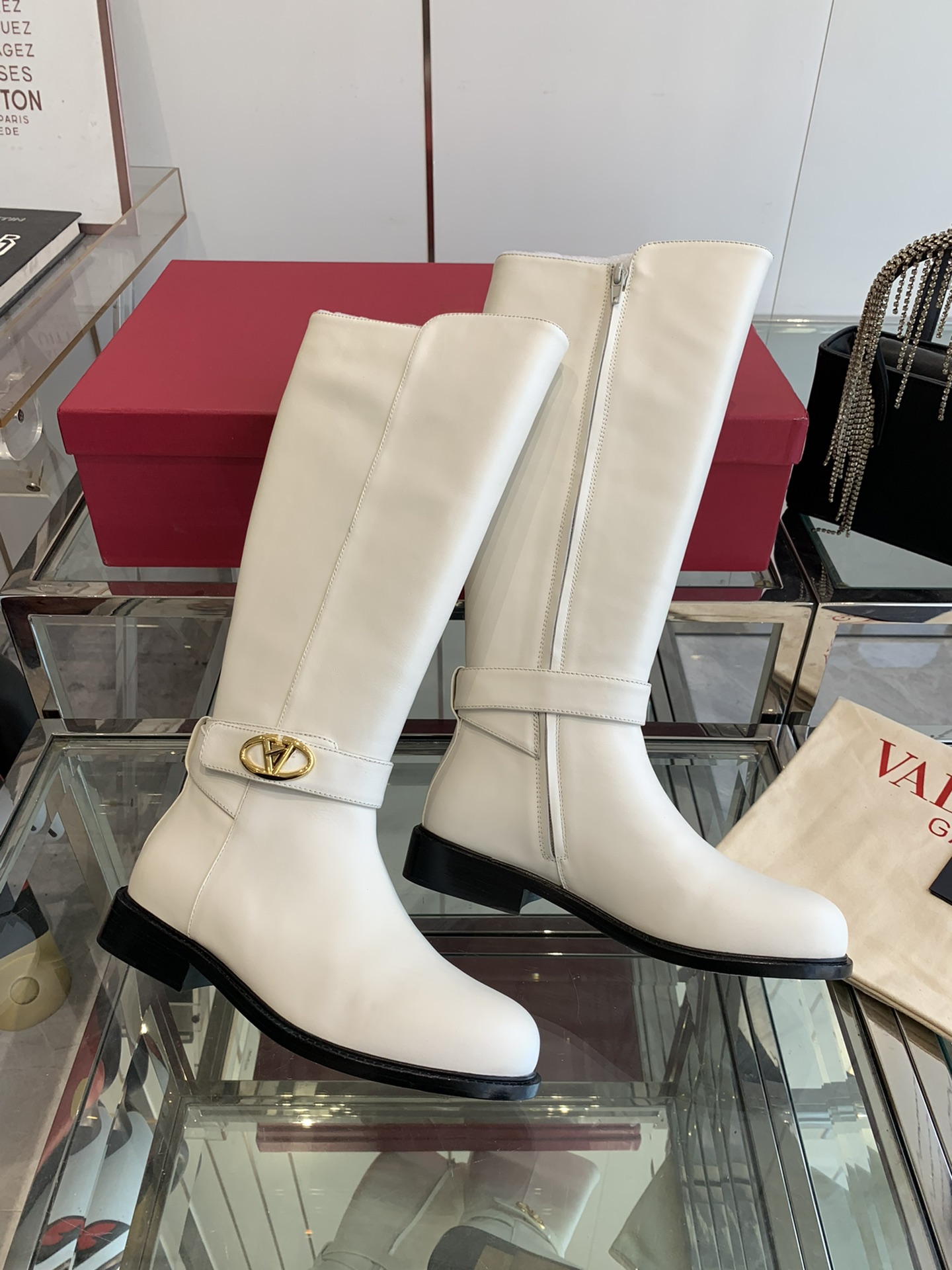 Valentino Garavani Women's Vlogo Flat Knee-High Boots Leather White