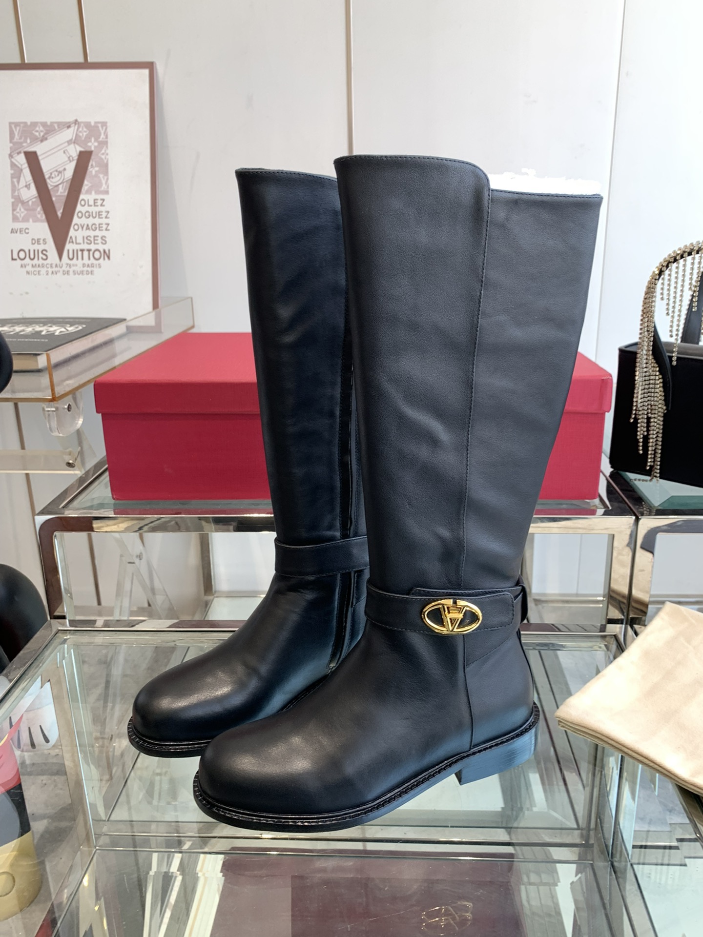 Valentino Garavani Women's Vlogo Flat Knee-High Boots Leather Black