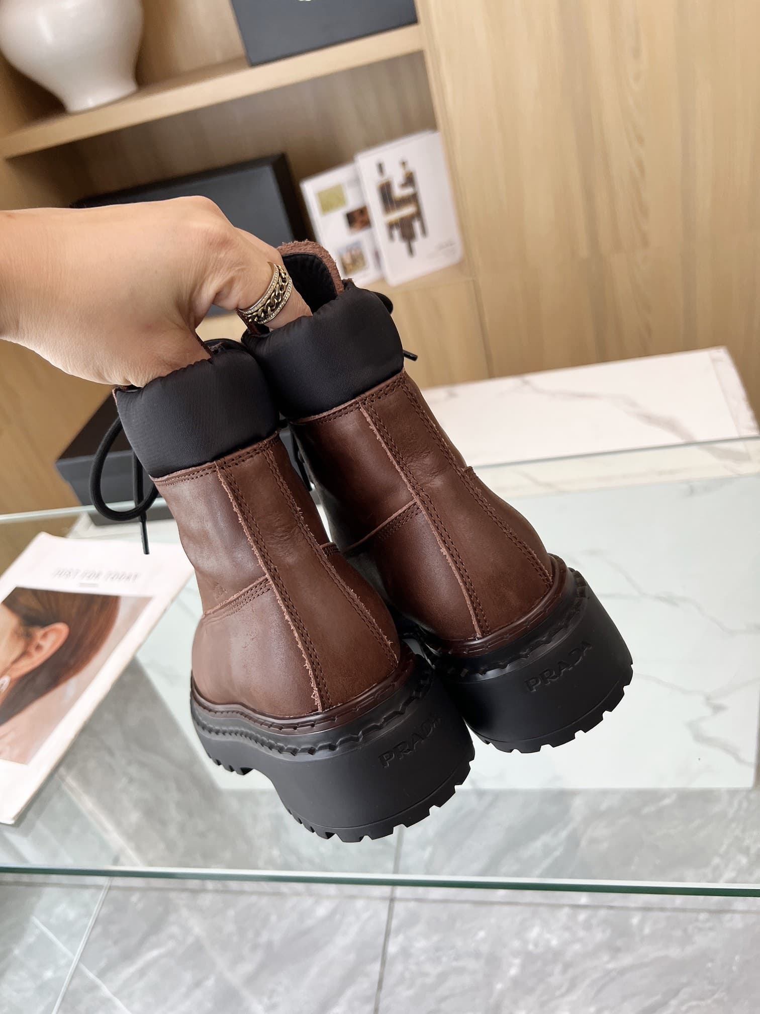 Prada Leather and Re-Nylon Booties Dark Brown