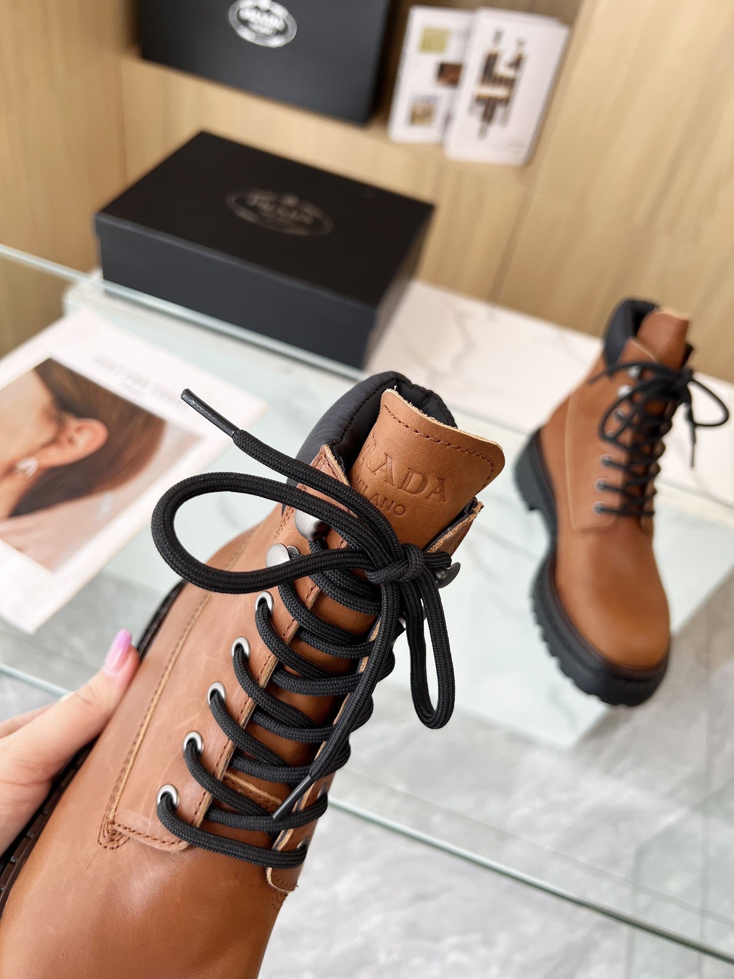 Prada Leather and Re-Nylon Booties Brown