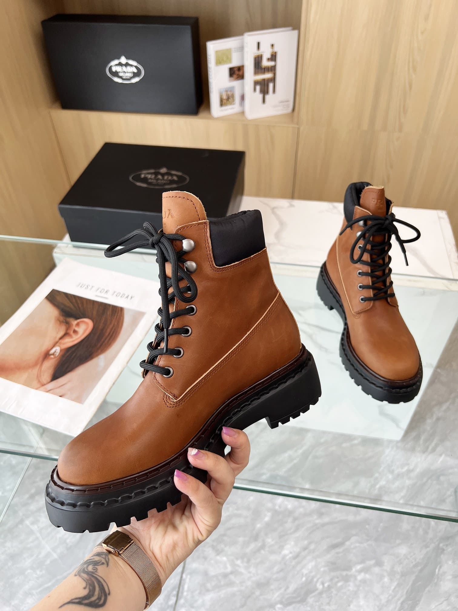 Prada Leather and Re-Nylon Booties Brown