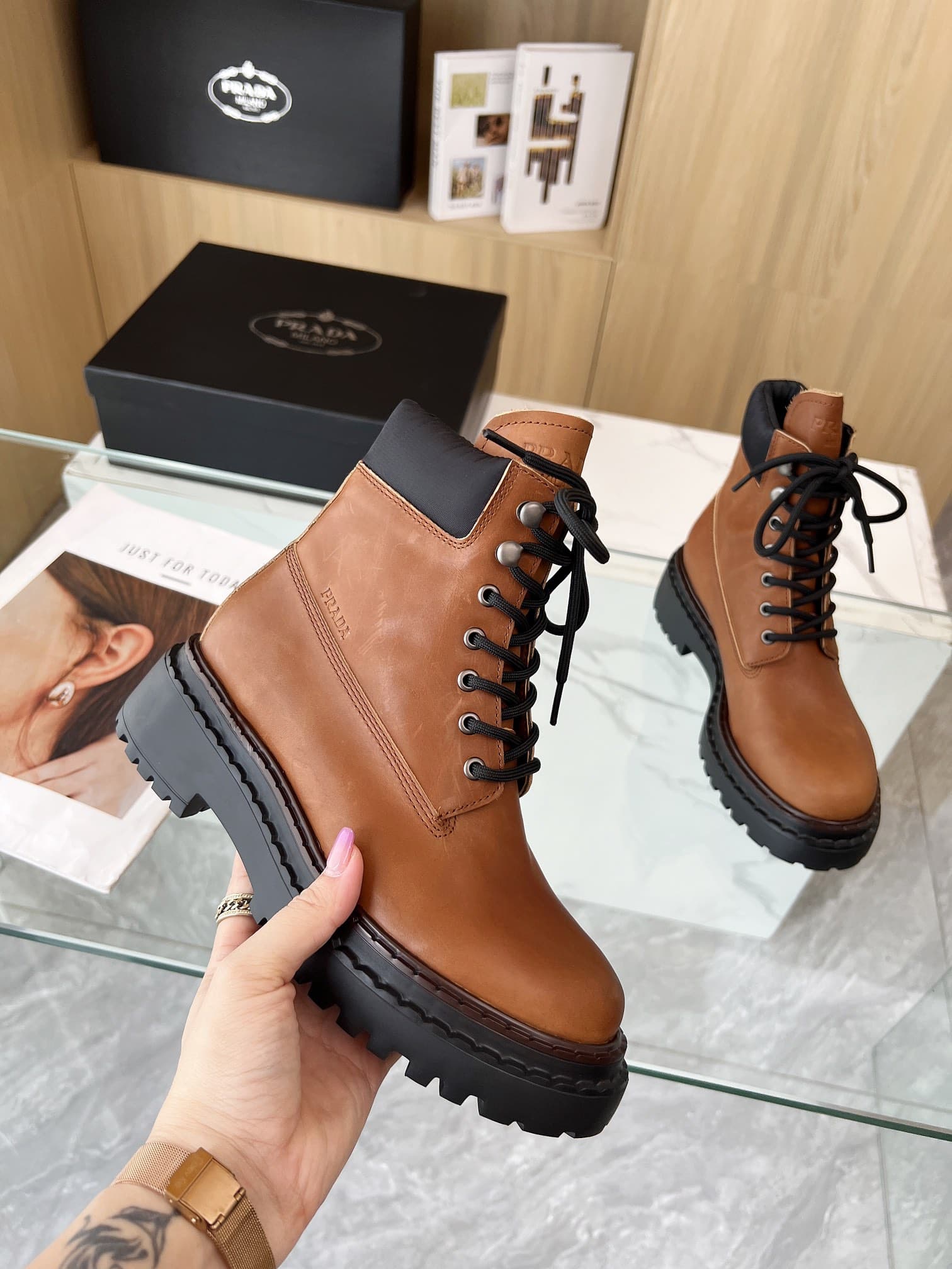 Prada Leather and Re-Nylon Booties Brown