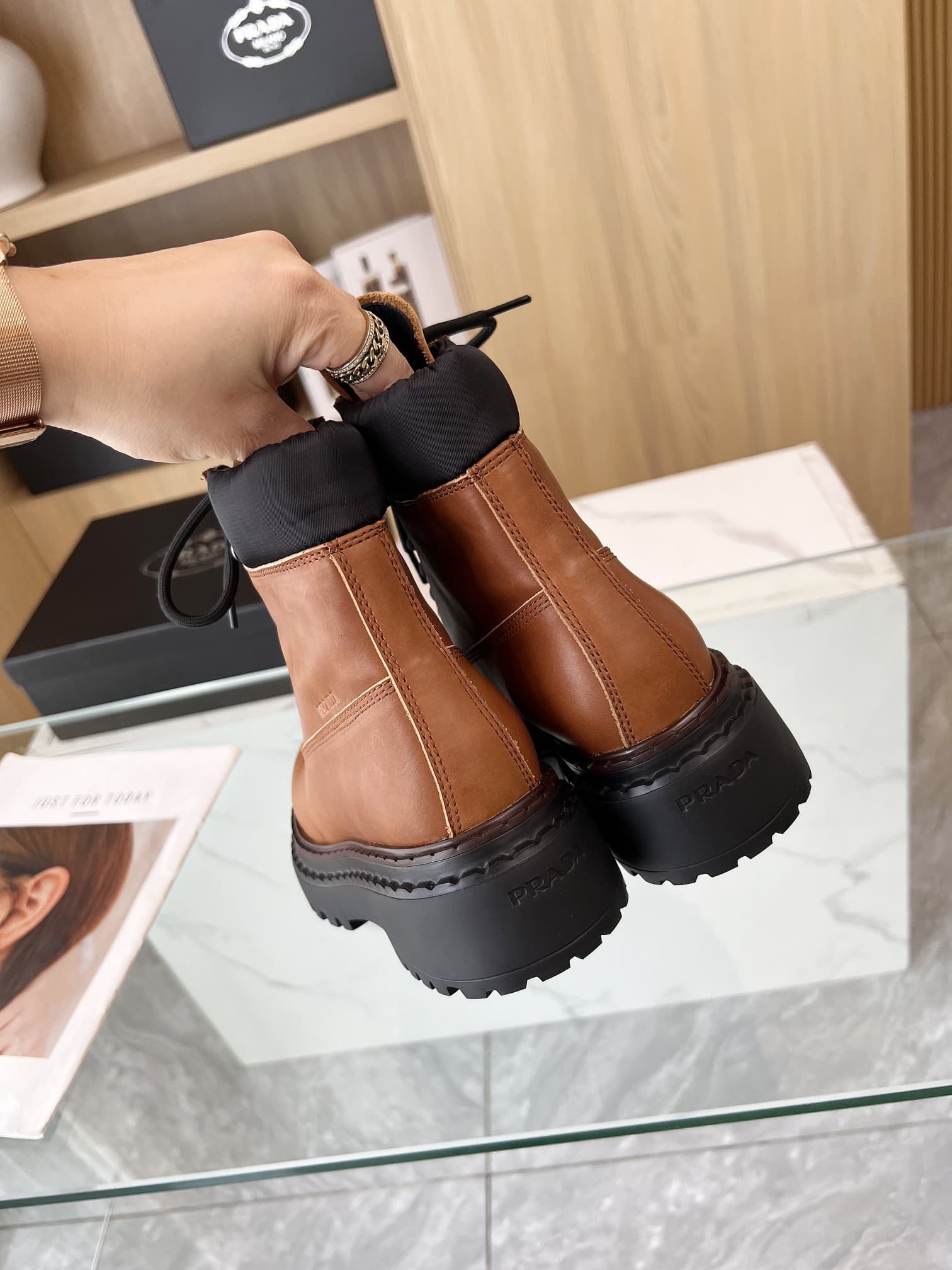 Prada Leather and Re-Nylon Booties Brown