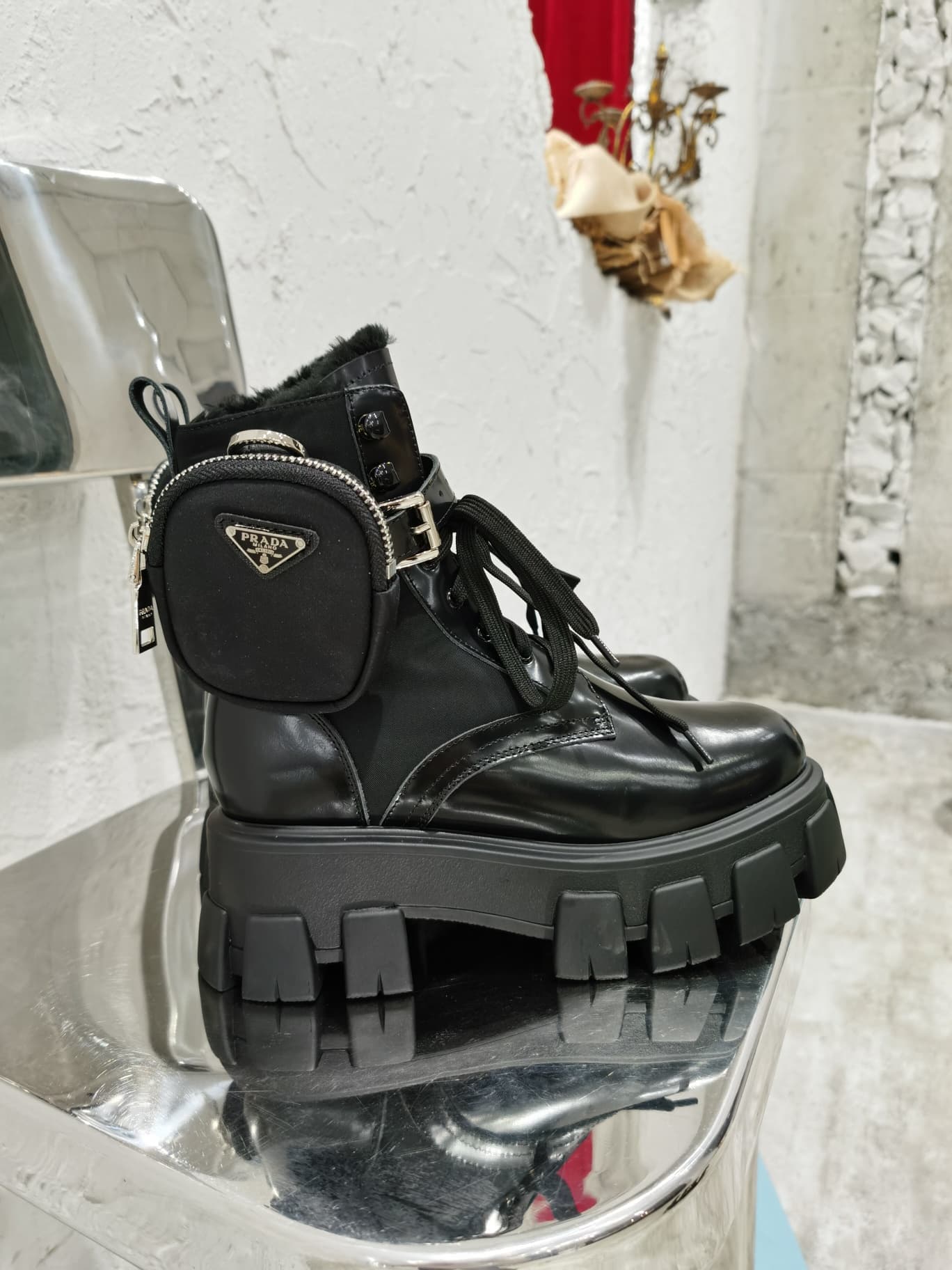 Prada Monolith Leather and Re-Nylon Boots with Pouch