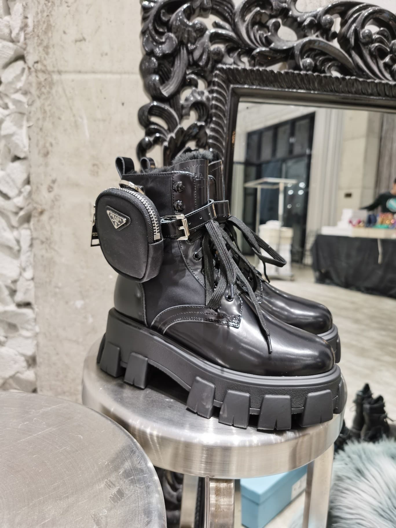 Prada Monolith Leather and Re-Nylon Boots with Pouch