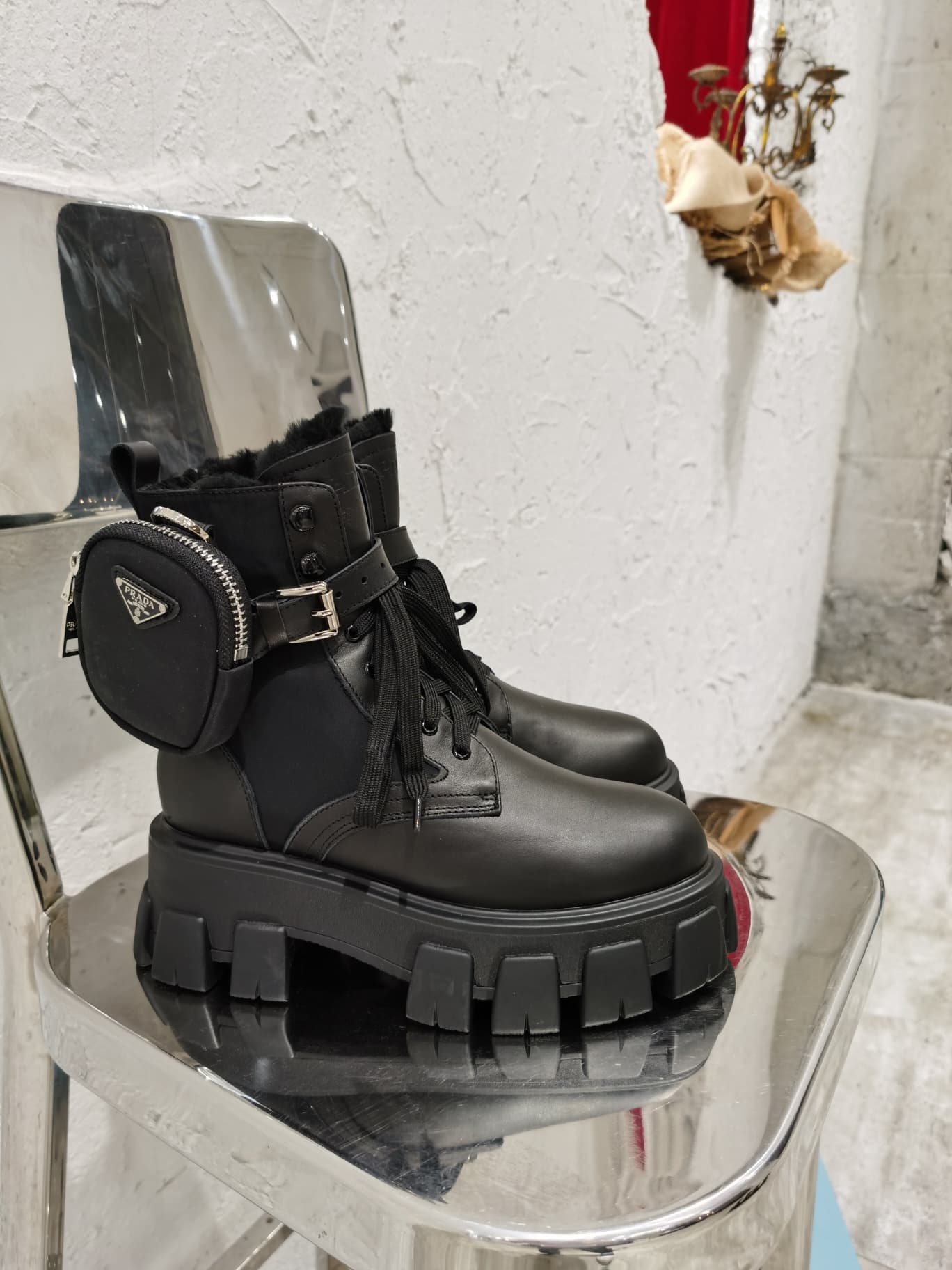 Prada Monolith Leather and Re-Nylon Boots with Pouch