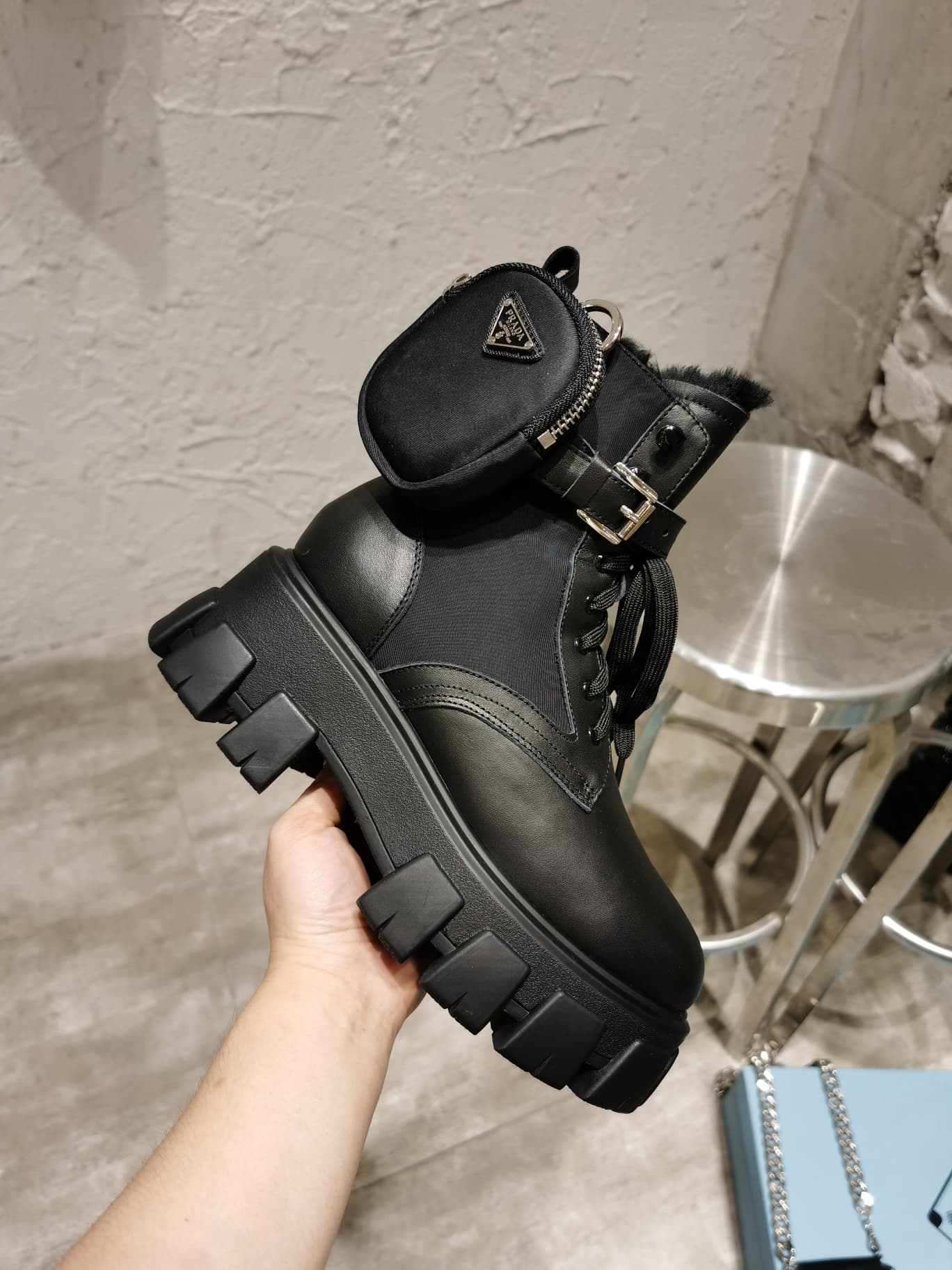 Prada Monolith Leather and Re-Nylon Boots with Pouch