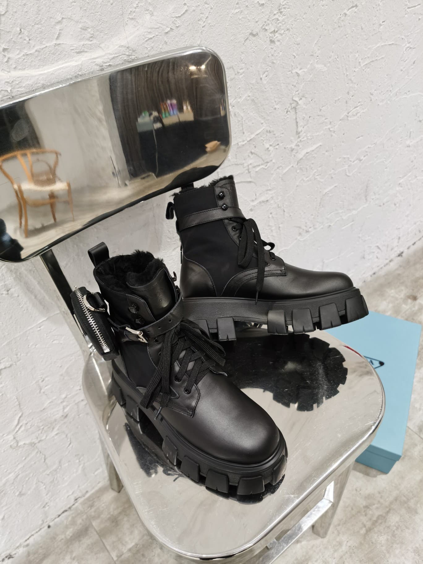 Prada Monolith Leather and Re-Nylon Boots with Pouch