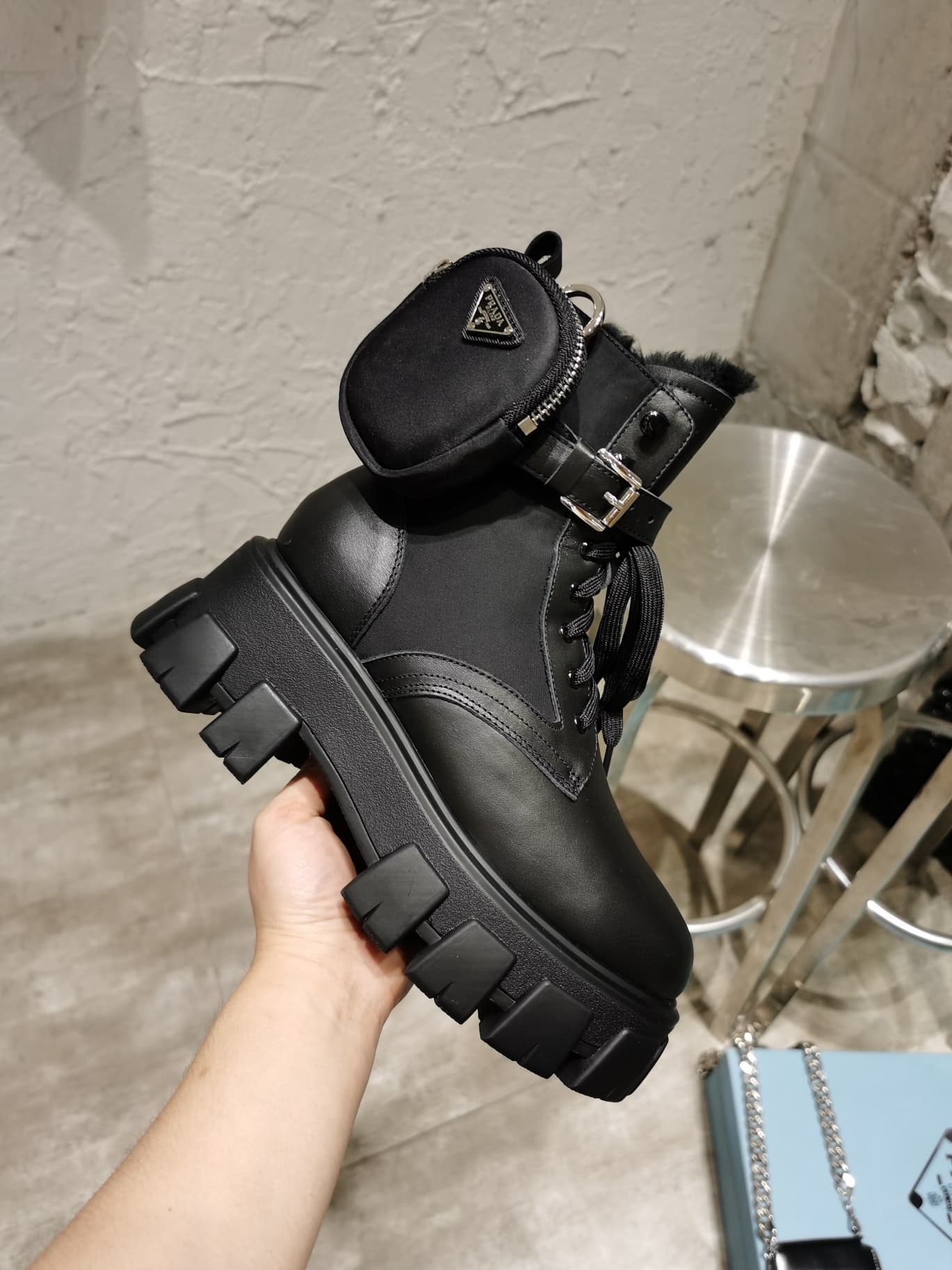 Prada Monolith Leather and Re-Nylon Boots with Pouch