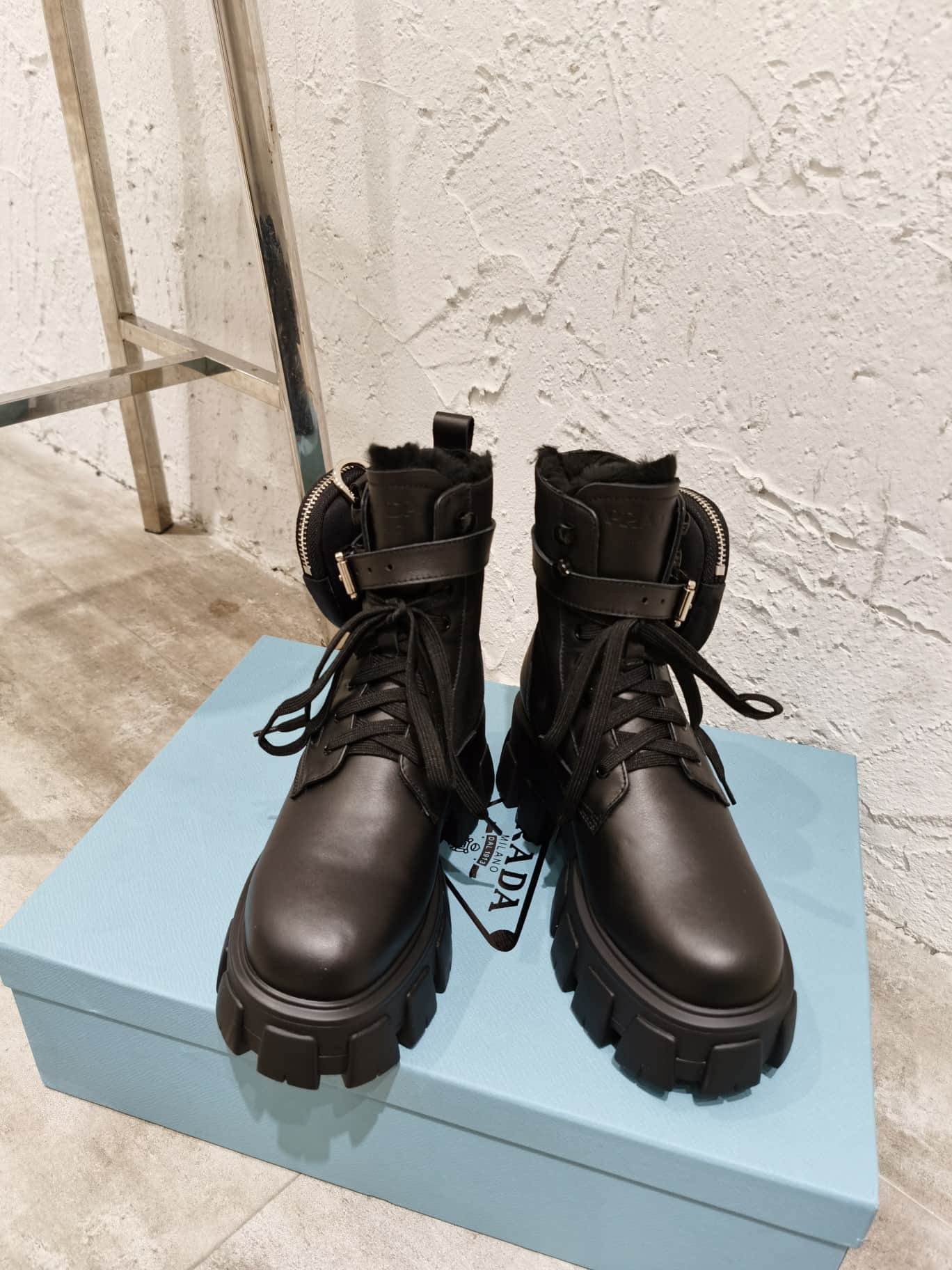 Prada Monolith Leather and Re-Nylon Boots with Pouch