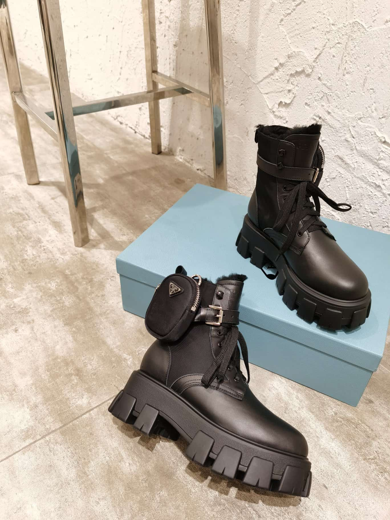 Prada Monolith Leather and Re-Nylon Boots with Pouch