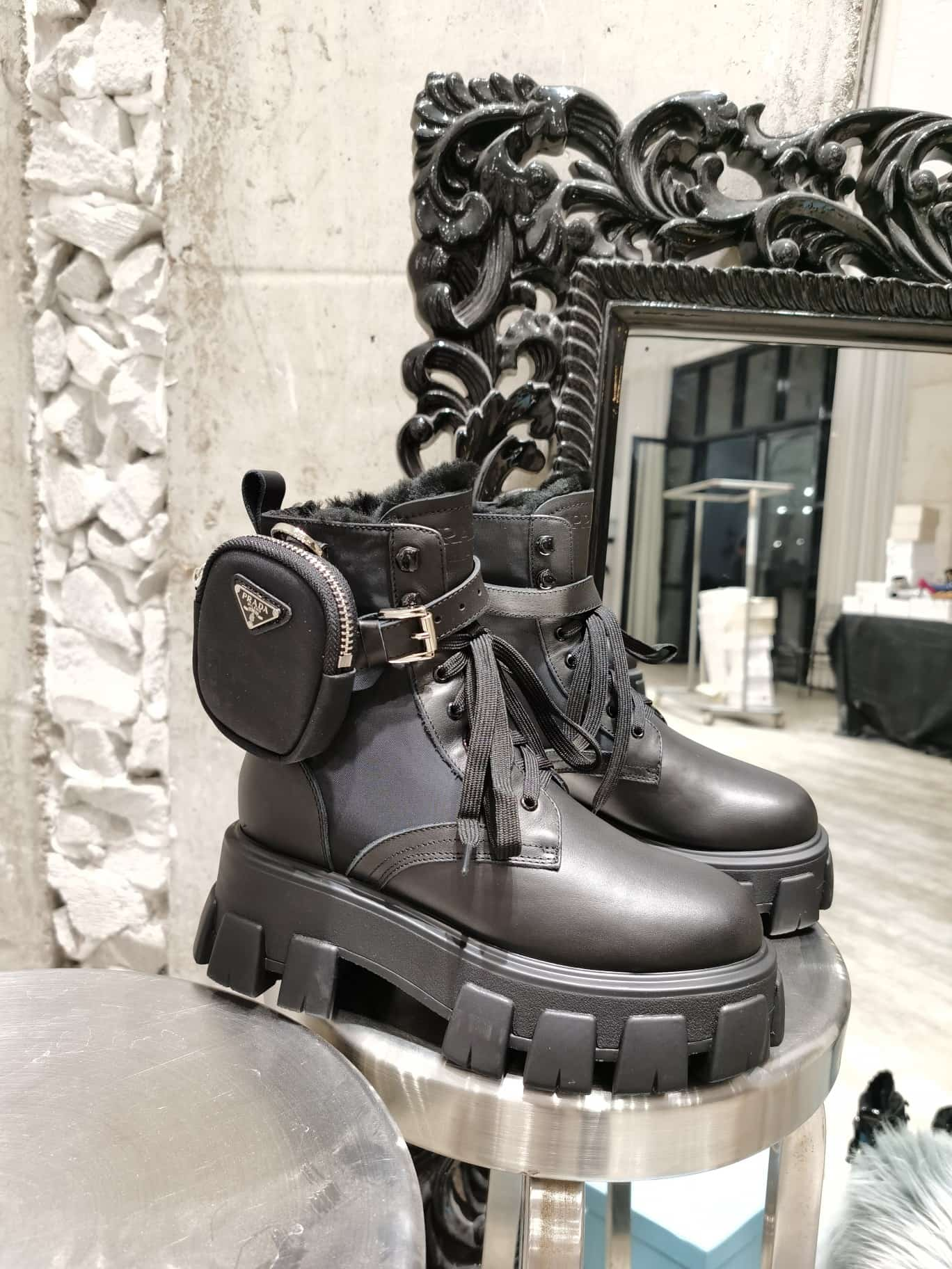 Prada Monolith Leather and Re-Nylon Boots with Pouch