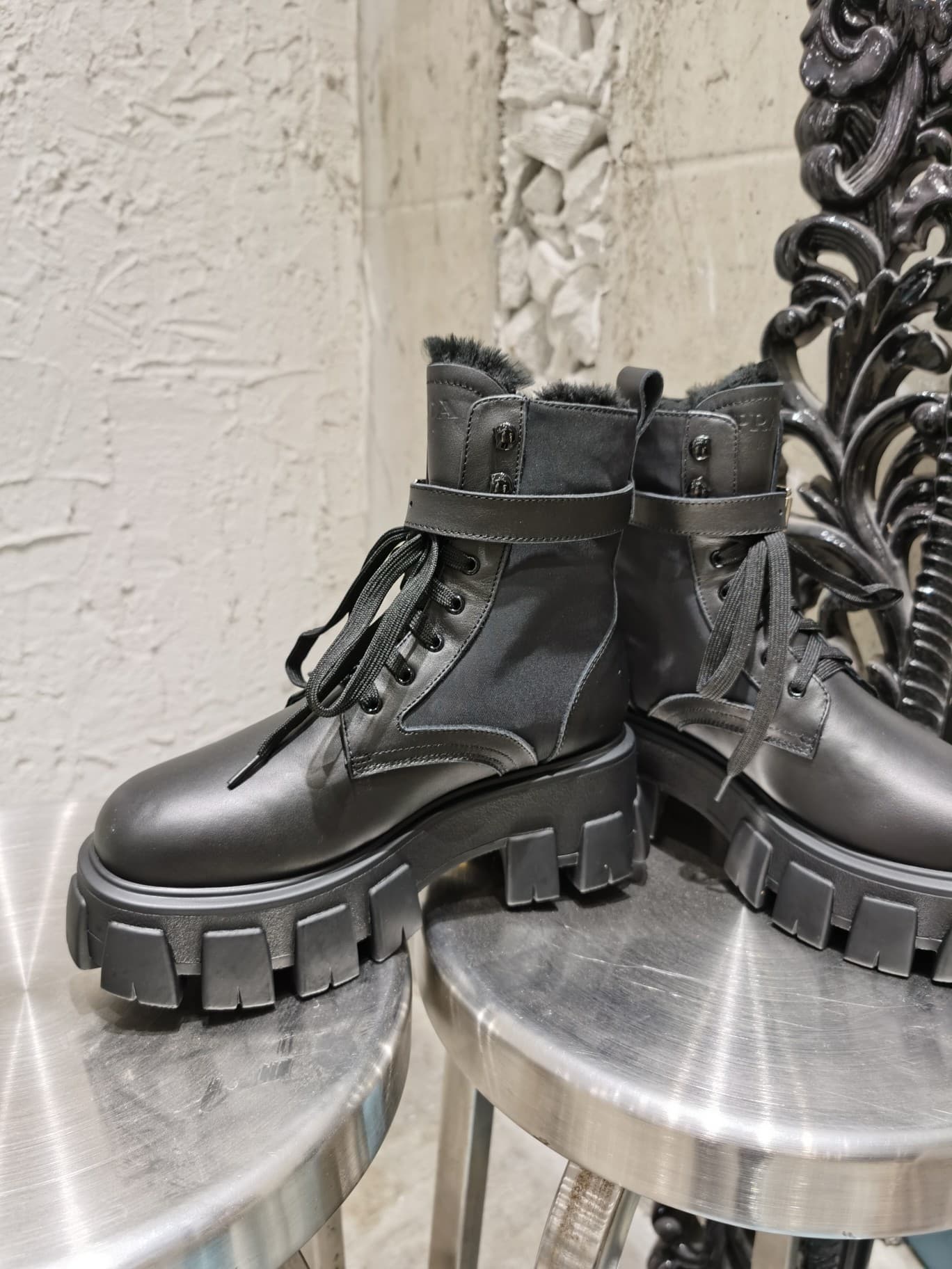 Prada Monolith Leather and Re-Nylon Boots with Pouch