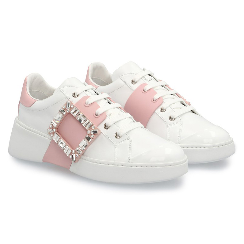 Roger Vivier Skate Strass leather sneakers Crystal Buckle White Pink