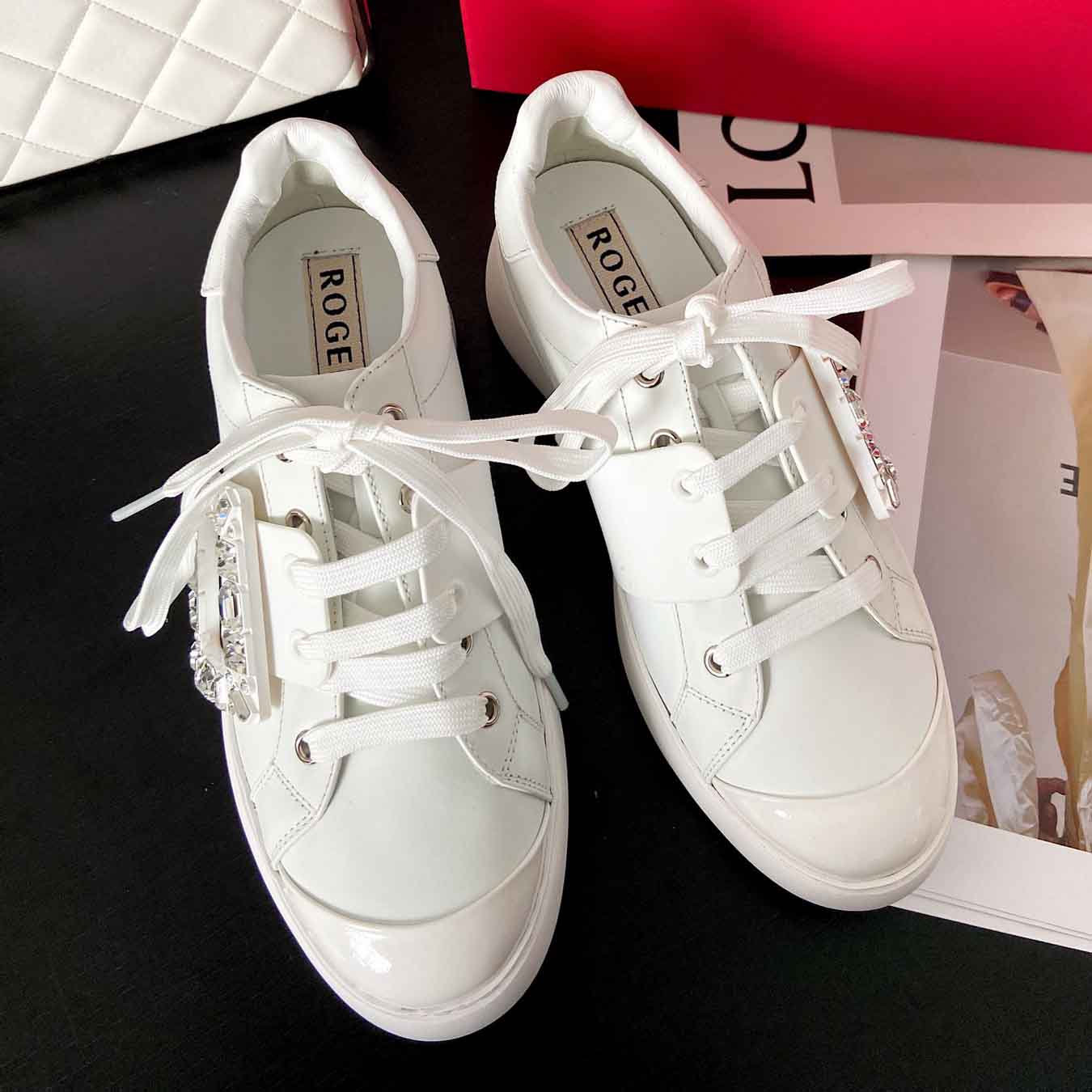 Roger Vivier Skate Strass leather sneakers Crystal Buckle White