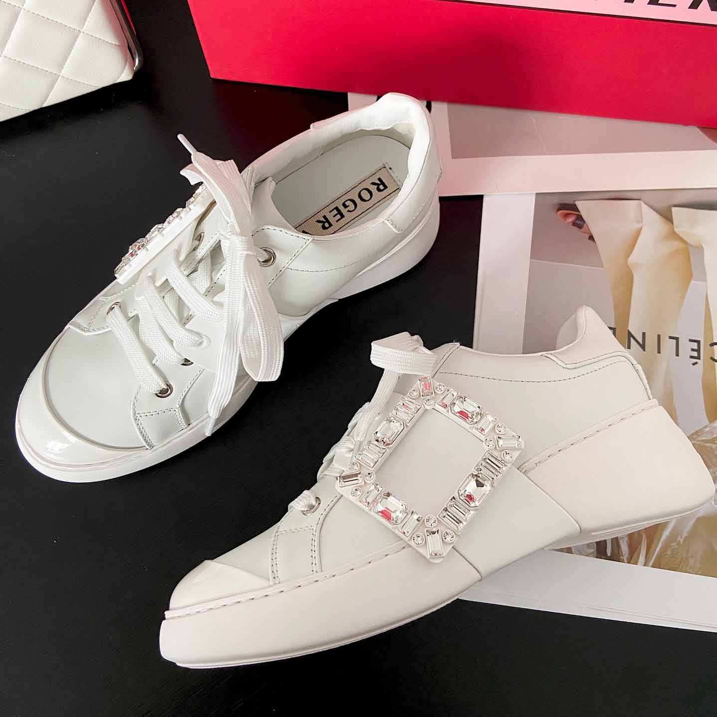 Roger Vivier Skate Strass leather sneakers Crystal Buckle White