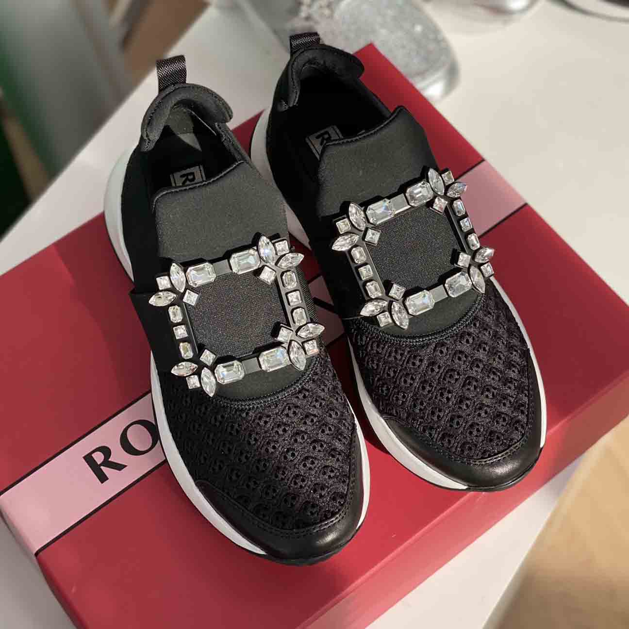 Roger Vivier Run Strass Crystal Buckle  Run Sneakers in Technical Fabrics Black