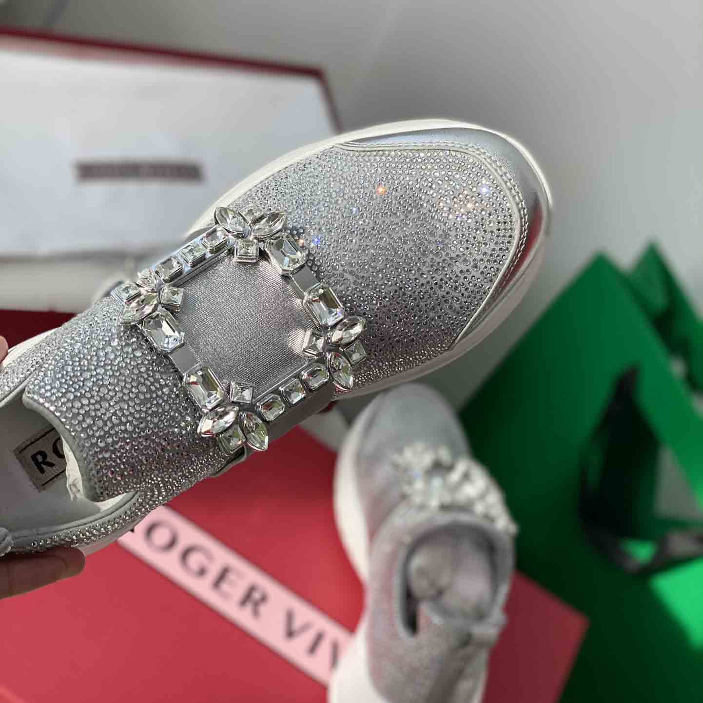 Roger Vivier Run Strass Crystal Buckle Run Sneakers in Technical Fabrics  Silver