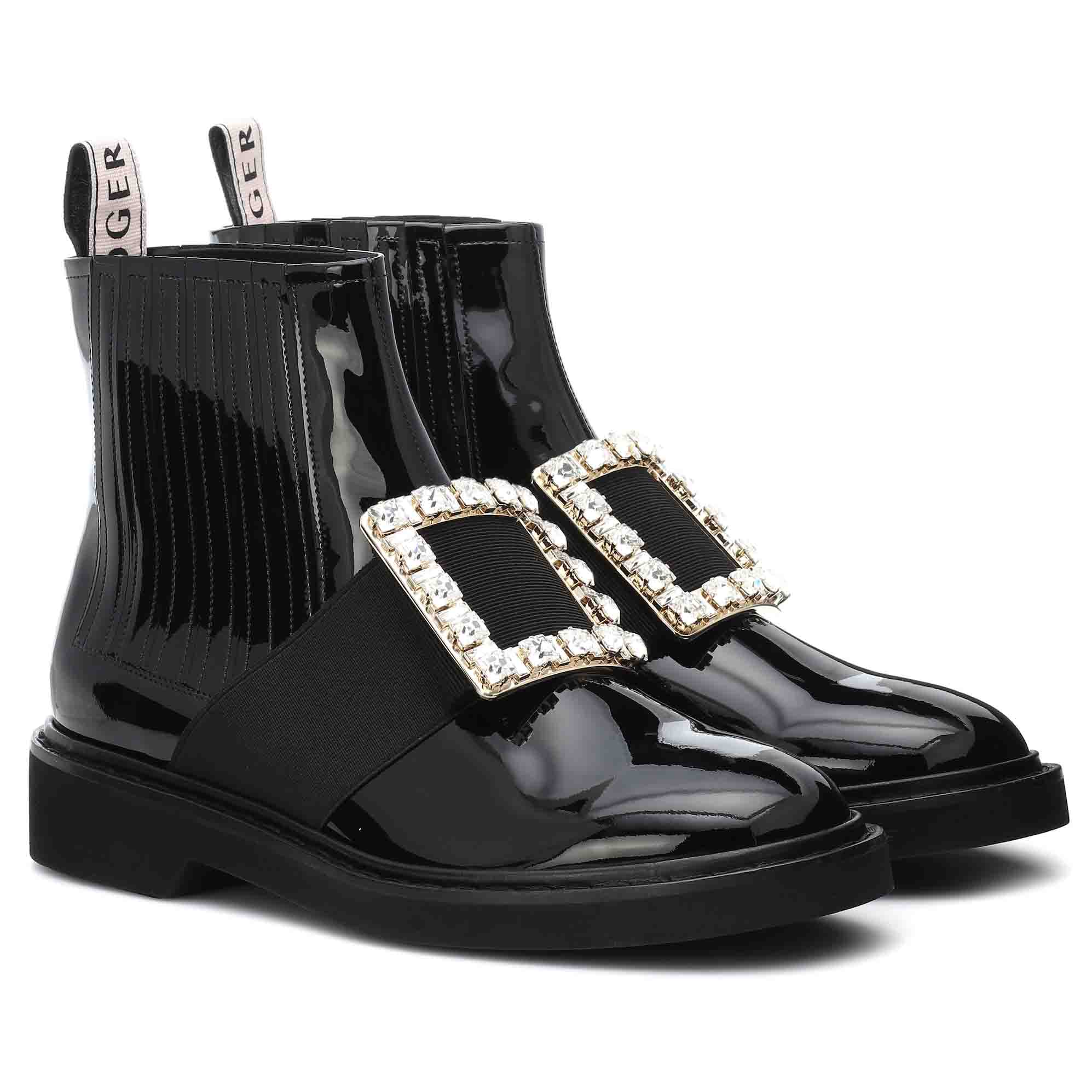 Roger Vivier Rangers Stitch Strass Buckle Booties in Leather black