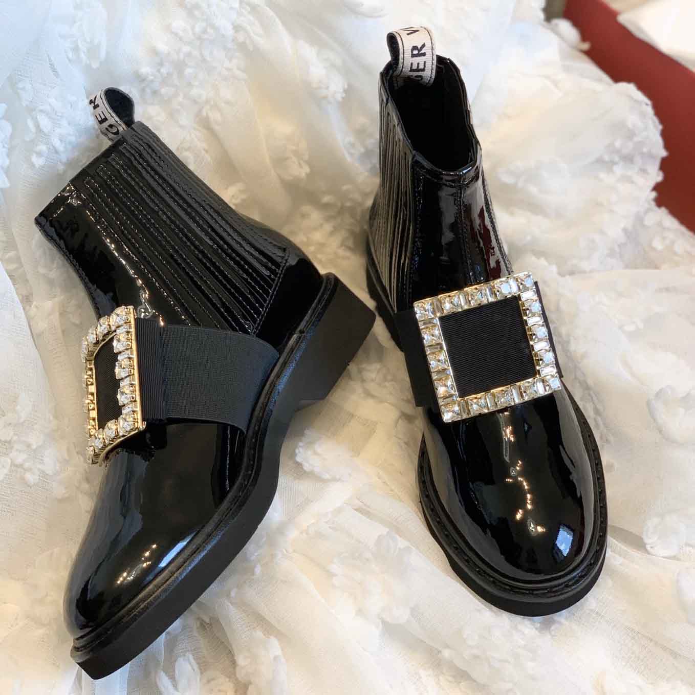 Roger Vivier Rangers Stitch Strass Buckle Booties in Leather black