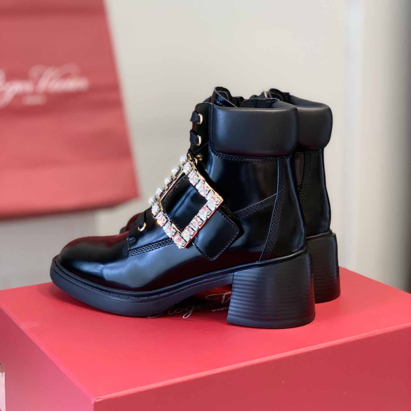 Roger Vivier Rangers Strass Buckle Ankle Boots in Leather