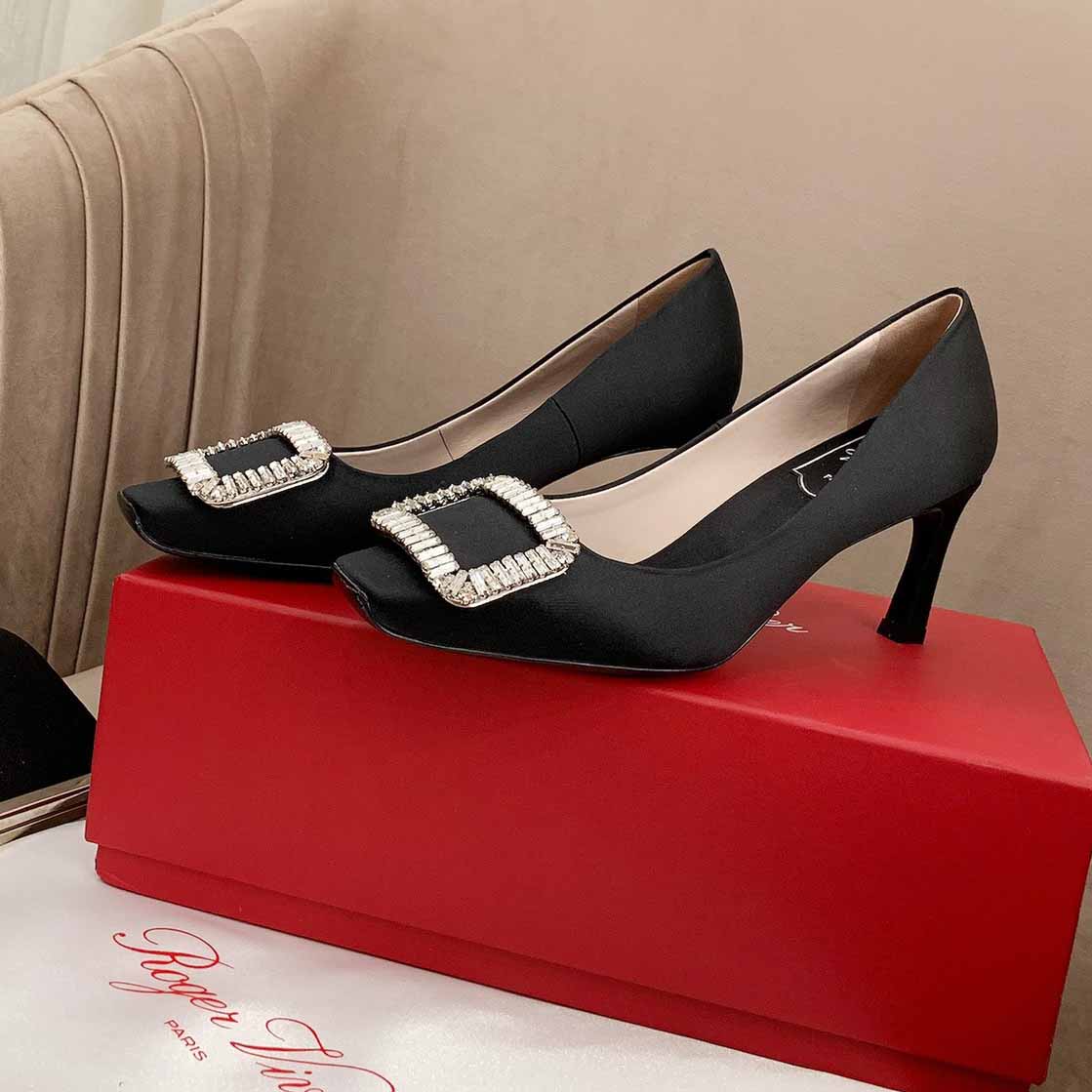 Roger Vivier Trompette Crystal Buckle Pumps in Satin Black