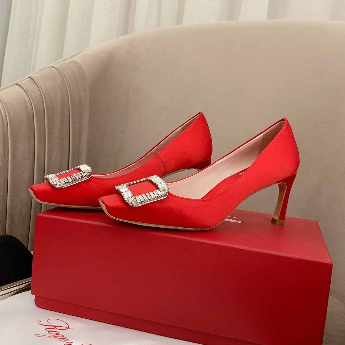 Roger Vivier Trompette Crystal Buckle Pumps in Satin Red