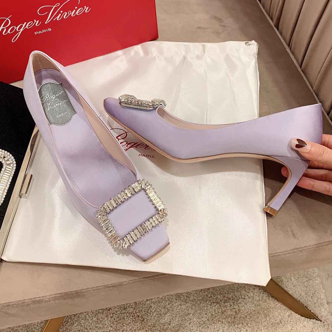 Roger Vivier Trompette Crystal Buckle Pumps in Satin