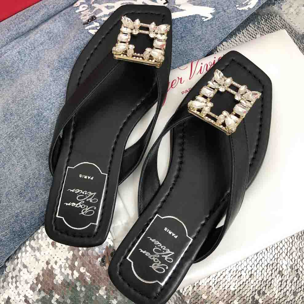 Roger Vivier Mini RV Crystal Brooch Thong Sandals Mules Black