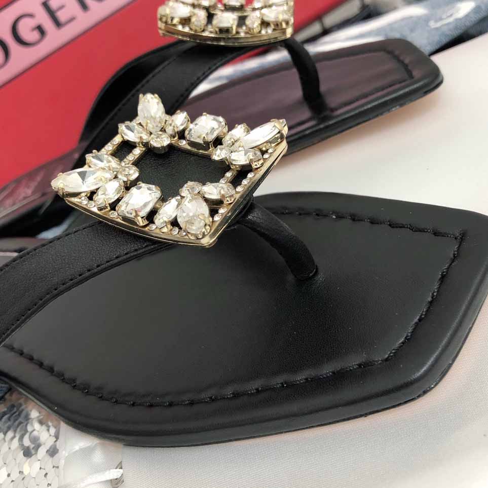 Roger Vivier Mini RV Crystal Brooch Thong Sandals Mules Black