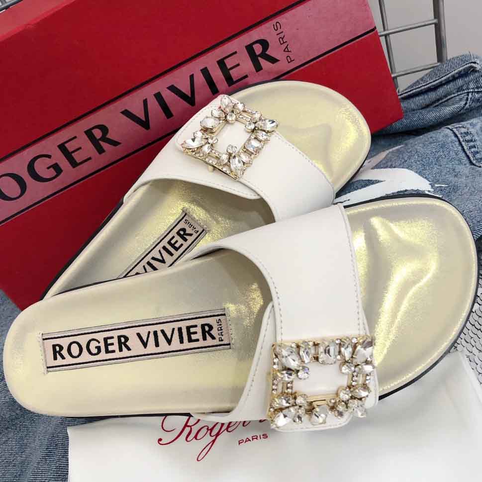 Roger Vivier Slidy Mini Broche leather sandals Mules White