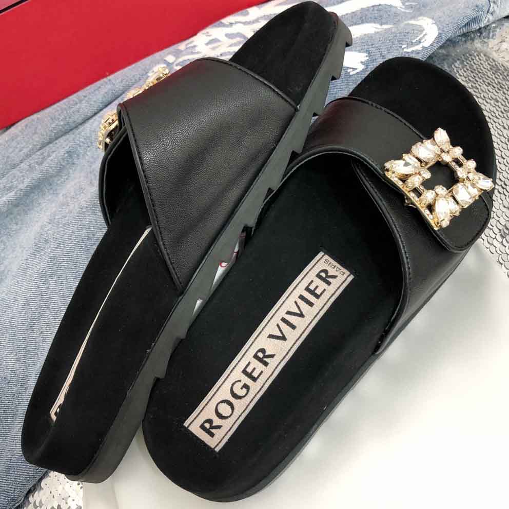 Roger Vivier Slidy Mini Broche leather sandals Mules Black