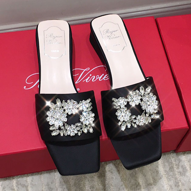 Roger Vivier  Black Bouquet Strass Satin Sandals